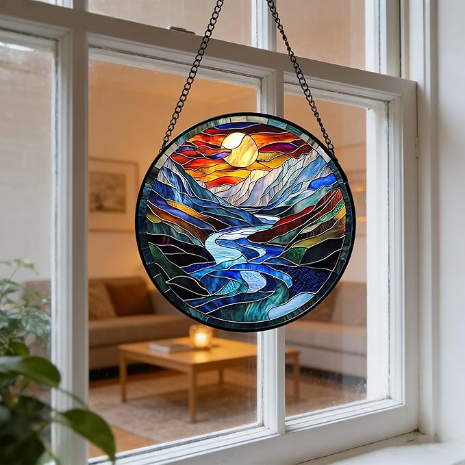 Stained Glass Window Hanging, Canyon Mountains Sunset View Sun Catcher for Window Home Decor Landscape Suncatcher Mother's Day Birthday Gifts for Women Men Mom and Nana 15 in