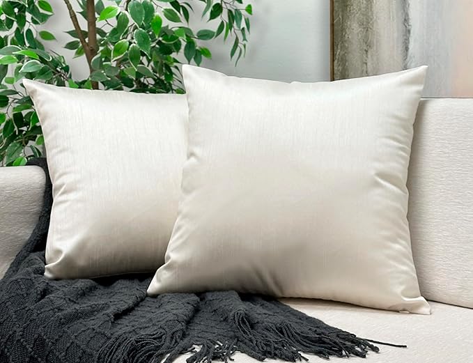 Aiking Home 18x18 Inches Faux Silk Square Throw Pillow Cover, Zipper Closure, Ivory (Set of 2)