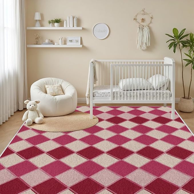 Plaid Rug, Soft Ultra Soft Faux Wool Rhombus Geometric Rugs, Indoor Floor Mats Carpet, Non Slip&Non-Shedding Low Pile Washable Rugs, Modern Red 4x5 Area Rug for Bedroom Home Decor