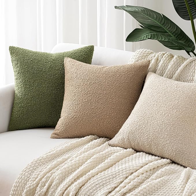 Woaboy Pack of 2 24x24 Inch Decorative Boucle Throw Pillow Covers Textured Square Pillowcaes Accent Euro Solid Cozy Soft Cushion Covers Home Decor for Sofa Couch Living Room Home Decor,Khaki