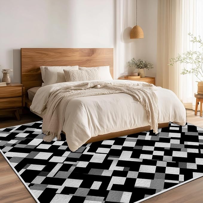 Black White and Grey Rug - Geometric Area Rug, Area Rugs 5x8, Modern Abstract Rugs, Irregular Block Splicing Carpet Washable Non Slip Home Decor Carpet for Living Room