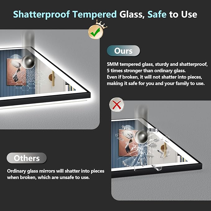 60x36 Inch Black Framed LED Bathroom Mirror with Lights, Backlit & Front Lit, Anti-Fog Lighted Vanity Mirrors for Bathroom Wall, Dimmable, 3-Color Light, Memory, Shatter-Proof, Tempered Glass