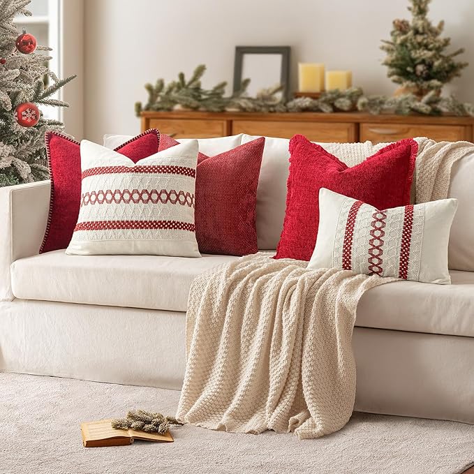 MIULEE Pack of 2 Christmas Red Couch Throw Pillow Covers 18x18 Inch Modern Boho Accent Decorative Pillow Covers Soft Chenille Farmhouse Cushion Covers for Home Decor Bed Sofa Living Room