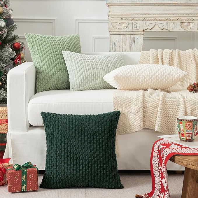 Kevin Textile Decorative Pillow Covers Set of 2 Striped Plush Corduroy Pillows Pillowcases Boho Home Decor Cushion Covers for Couch Sofa Bed Living Room 24x24 Inch, Army Green