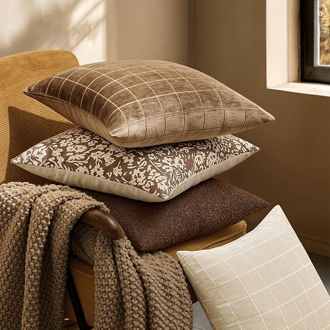 MIULEE Decorative Chenille Check Throw Pillow Covers Vintage Plaid Couch Pillows 20x20 Inch Set of 2 Neutral Boho Farmhouse Cushion Covers Modern Home Decor for Sofa Bed Living Room Toffee