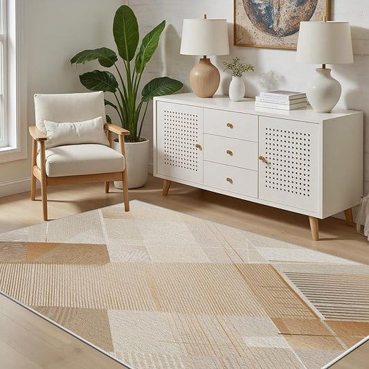 Minimalist Abstract Area Rug 7x9 Brown Boho, Modern Washable Stripe Art Rugs, Soft Non-Slip Low-Pile Carpet for Living Room, Bedroom, Kitchen, Dining Room, Pet Friendly, Non-Shedding, Beige
