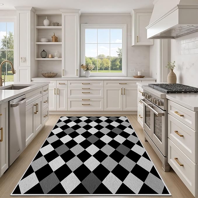 Black and White Rug 3x5, Rhombus Geometric Soft Ultra Soft Faux Wool Low Pile Rug, Indoor Floor Mats Carpet, Non-Slip Stain Resistant Washable Rugs, Modern Abstract Checkered Rugs for Living Room