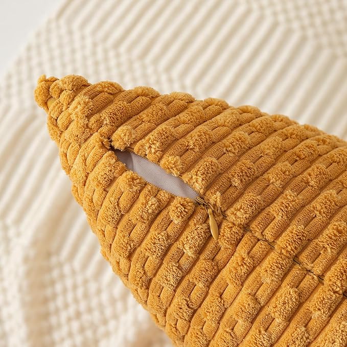 Kevin Textile Throw Pillow Covers Soft Corduroy Decorative Set of 2 Boho Striped Pillow Covers Pillowcases Farmhouse Home Decor for Couch Bed Sofa Living Room 12x20 Inch Golden Yellow