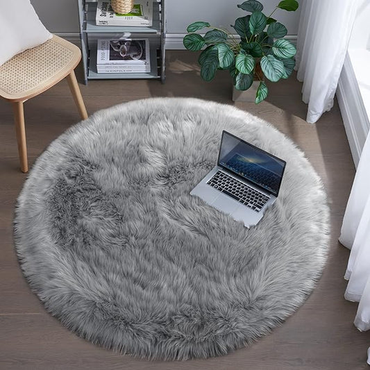 Fluffy Round Rug for Kids Room Grey Circle Faux Fur Area Rug for Bedroom, 4x4 Fuzzy Shag Rugs Furry Nursery Rug Teepee Mat, Gray Circular Plush Floor Carpet