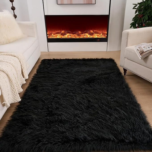 Fluffy Faux Fur Rug Black Sheepskin Area Rug,4x6 Ft Ultra Soft Shaggy Plush Rug for Bedroom Bedside Living Room Nursery Kids Room