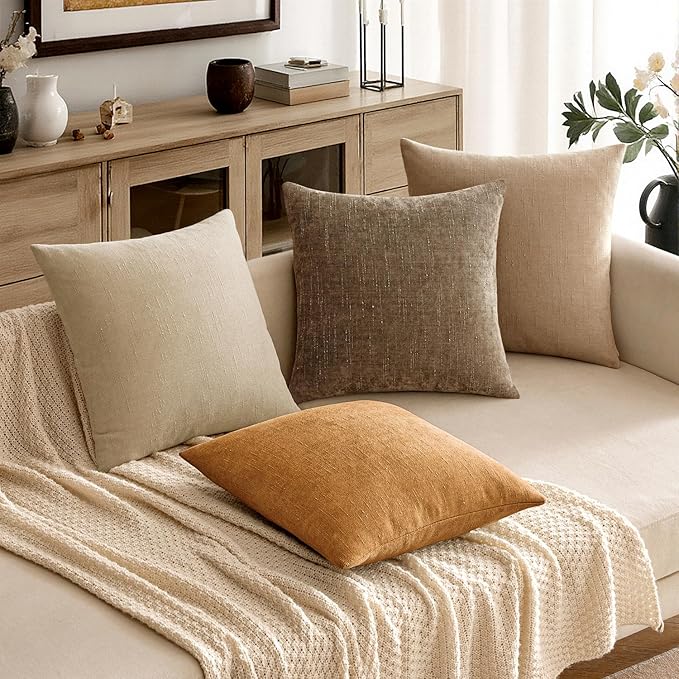 MIULEE Pack of 2 Decorative Throw Pillow Covers 24x24 Inch Soft Chenille Throw Pillows Solid Textured Euro Cushion Covers Home Decor for Bed Couch Sofa Bedroom Living Room,Golden Brown