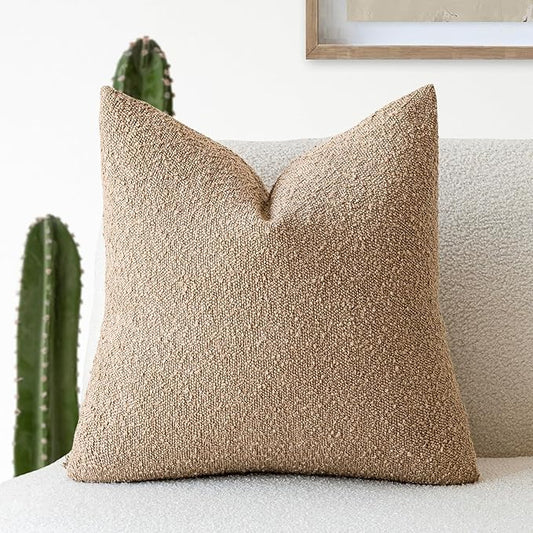 Foindtower Decorative Textured Boucle Throw Pillow Covers Accent Solid Pillow Cases Neutral Soft Cozy Couch Cushion Case for Chair Sofa Bedroom Living Room Home Decor 16x16 Inch,1PC,Taupe Khaki Camel