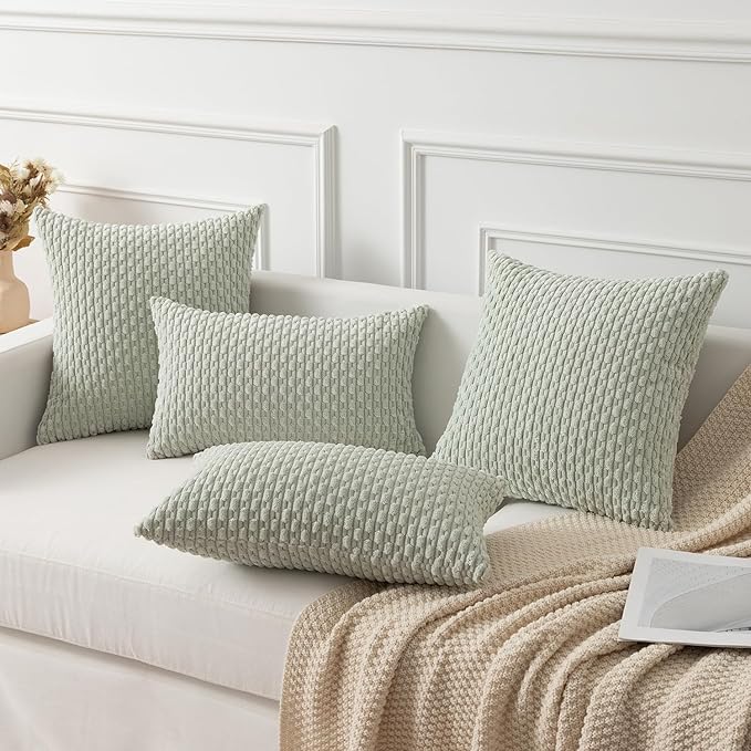 Kevin Textile Pack of 2 Corduroy Decorative Throw Pillow Covers 12x20 Inch Spring Soft Boho Striped Pillow Covers Modern Farmhouse Home Decor for Spring Sofa Living Room Couch Bed Light Green