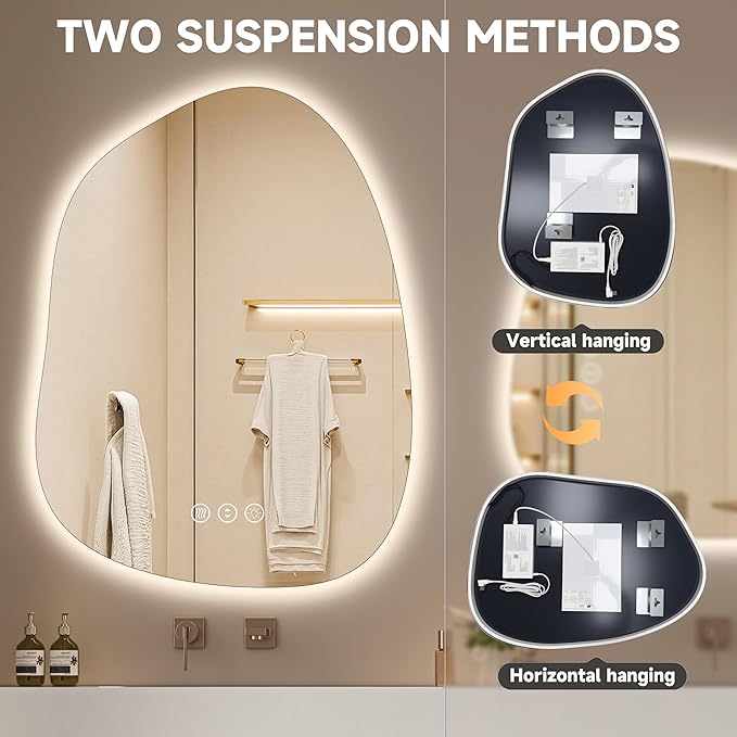 Hasipu Irregular Wall Mirror with Lights- 40"x30" Large Vanity Mirror with Anti-Fog, 3 Color Modes,Dimmable Light, Memory Function, Backlit Wall Mount, Horizontal/Vertical