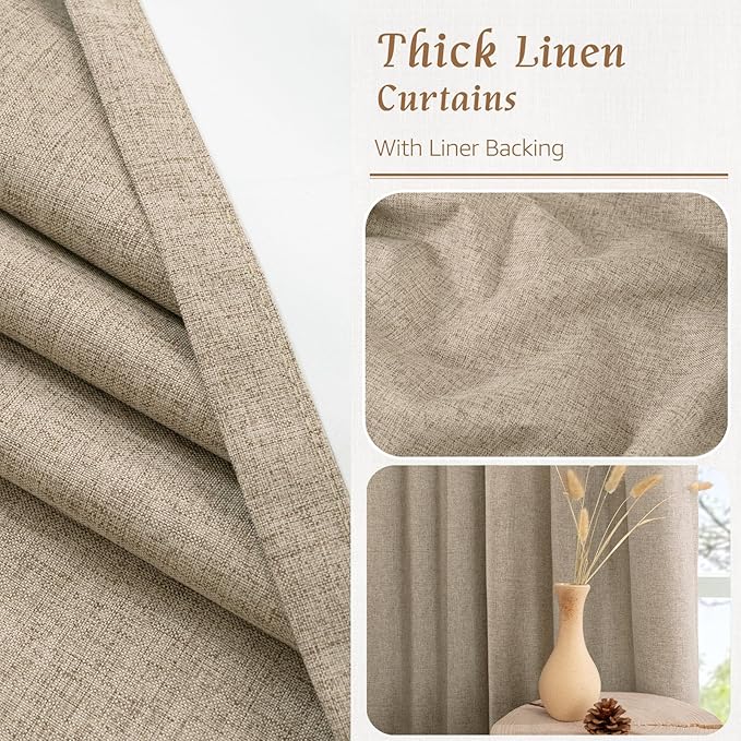 LAMIT 100% Blackout Short Linen Curtains for Cafe, 40 Inch Length Linen Textured Thermal Curtains Back Tab and Rod Pocket Neutral Panels with White Liner for Kitchen, 2 Panels, 42 x 40 Inch, Taupe