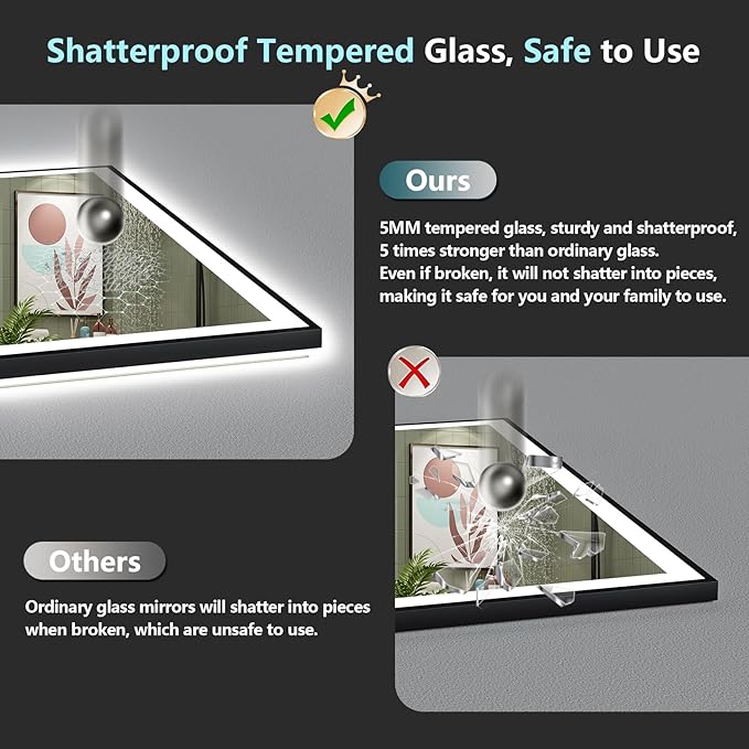44x36 Inch Black Framed LED Bathroom Mirror with Lights, Backlit & Front Lit, Anti-Fog Lighted Vanity Mirrors for Bathroom Wall, Dimmable, 3-Color Light, Memory, Shatter-Proof, Tempered Glass