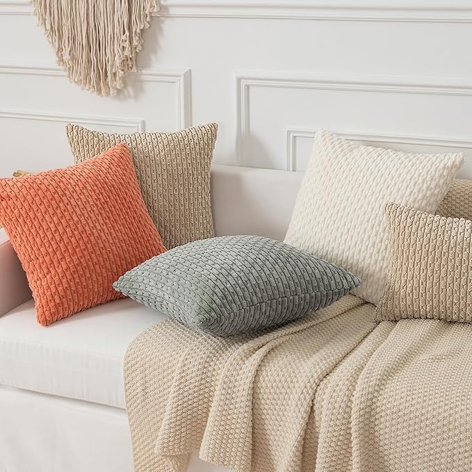Kevin Textile Throw Pillow Covers Soft Corduroy Decorative Set of 2 Boho Striped Pillow Covers Pillowcases Farmhouse Home Decor for Couch Bed Sofa Living Room 22x22 Inch Beige