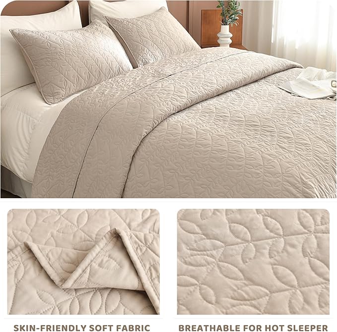 Sanracie Oversized Queen Quilt Bedspread 102"*118", 100% Cotton Quilt Bedding Set 3pcs Linen Colored Extra Large Wide Coverlet Queen Size Lightweight Soft and Cozy Cloud Bed Quilts for All Season