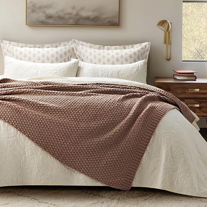 EVERGRACEHOME Chunky Chenille Knit Throw Blanket for Couch, Soft Luxurious Moss Stitch Blankets for Bed, Cozy Decorative Farmhouse Knitted Throws for Sofa, Terracotta Clay, 60" x 80"
