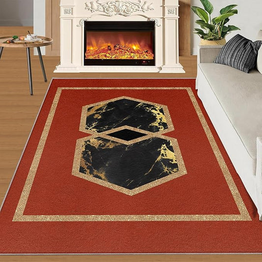 Abstract Marble Area Rugs Golden Hexagon Geometric Rug Vintage Red Marble Carpet European Medieval Geometry Carpet Mat for Bedroom Living Room 2x3ft