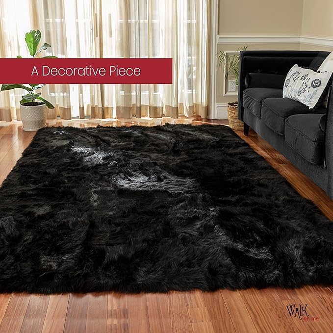 Silky Soft Faux Fur Rug, 6 ft. x 9 ft. Black Fluffy Rug, Sheepskin Area Rug, Rectangle Rug for Living Room, Bedroom, Kid's Room, or Nursery, Home Décor Accent, Machine Washable with Non-Slip Backing