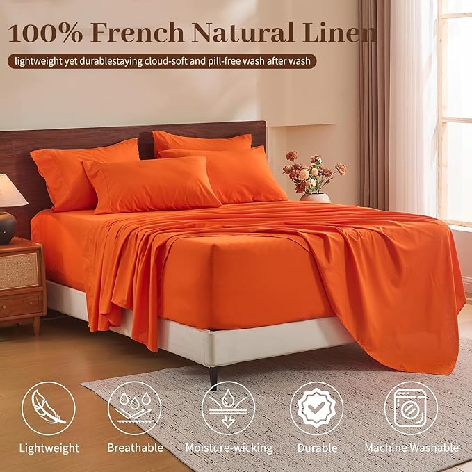 MEISHANG 100% French Pure Linen Sheets Queen Size - 6 PC Extra Deep Pocket Sheet Set, Soft Durable Flax Linen, Anti-Tear Breathable & Oeko-Tex Certified 18-24 Deep Pocket,All Season(Orange)