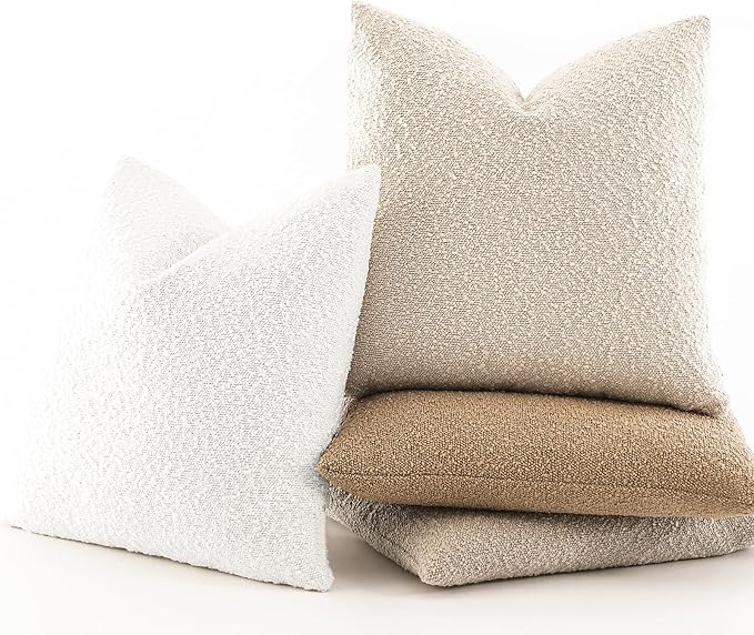 Boucle Decorative Throw Pillow Covers for Couch Set of 2, 24x24 inches, White