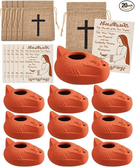 Pinkunn 20 Sets Clay Oil Lamp Herodian Olive Oil Lamp for Indoor Use Terracotta Biblical Lamps Ancient Antique Replica for Israel Judaica/Christian Hanukkah Gift Worship Prayer Religious Artifact