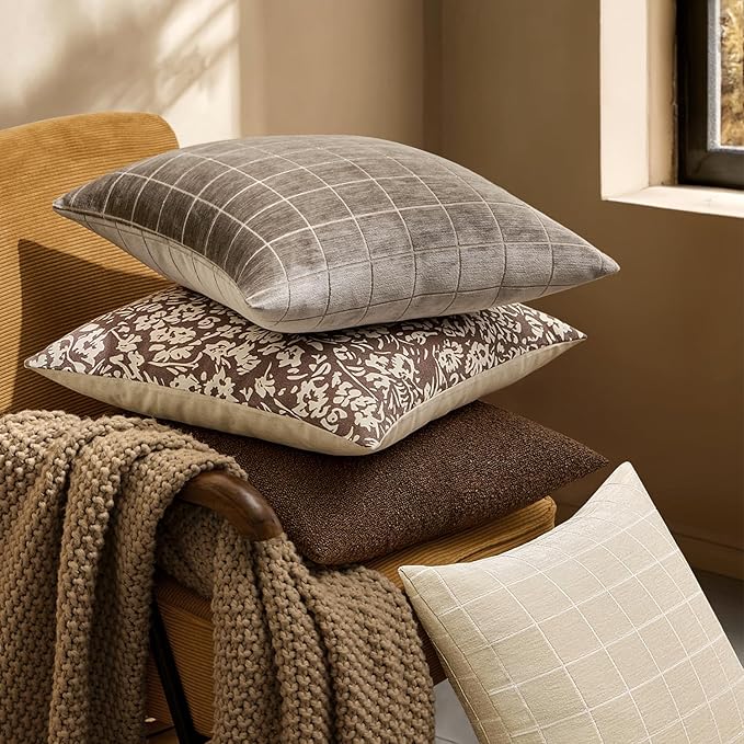 MIULEE Decorative Chenille Check Throw Pillow Covers Vintage Plaid Couch Pillows 18x18 Inch Set of 2 Neutral Boho Farmhouse Cushion Covers Modern Spring Home Decor for Sofa Bed Living Room Taupe Grey