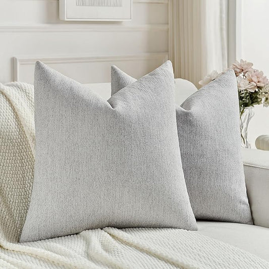 FUTEI Light Grey Chenille Decorative Throw Pillow Covers 16x16 Inch Set of 2,Soft Cozy Faux Linen Textured Cushion Case,Farmhouse Home Decor for Couch Living Room
