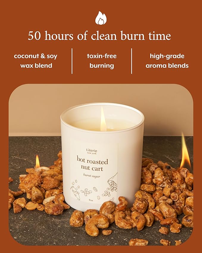 Literie NYC Inspired Scented Candle: Hot Roasted Nut Cart - Burnt Sugar Scent, 9oz, 50 Hour Burn, Vegan Soy & Coconut Blend Candle for Home Decor, Gift for Women & Men