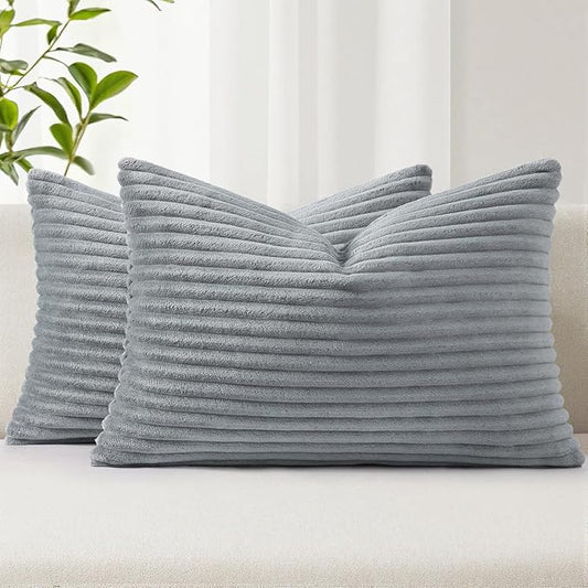 Simmore Decorative Spring Throw Pillow Covers 12x20 Set of 2, Soft Natural Plush Flannel Double-Sided Fluffy Lumbar Pillow Covers for Couch Sofa Living Room, Grey