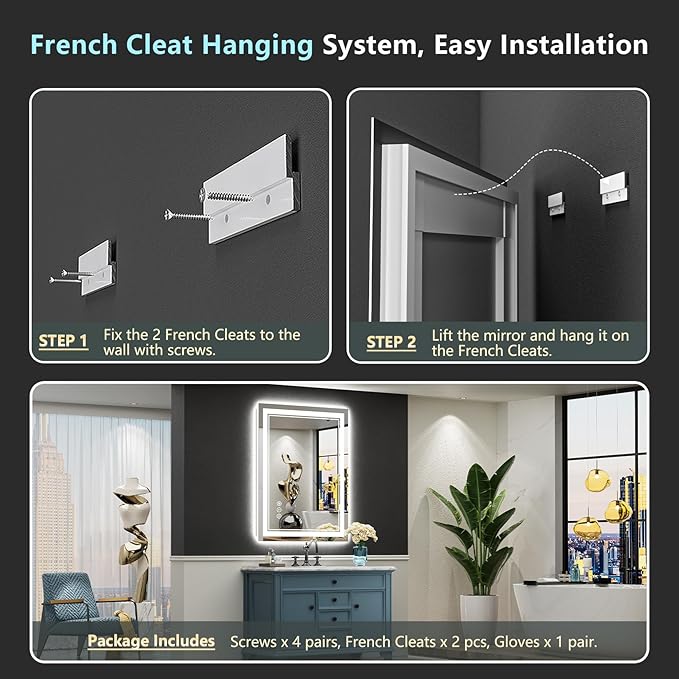 24x32 LED Bathroom Mirror with Lights, Backlit and Front Lit, Anti-Fog Lighted Vanity Mirrors for Bathroom Wall, Dimmable, 3-Color Light, Memory, Shatter-Proof, HD Tempered Glass, CRI＞90