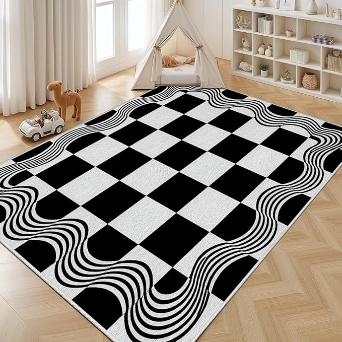 Checkered Area Rug, Checkerboard Rug, Geometric Plaid Washable Rugs, Modern Checkered Area Rugs 4x5, Wavy Line Carpet Non Slip for Bedroom Retro Home Decor
