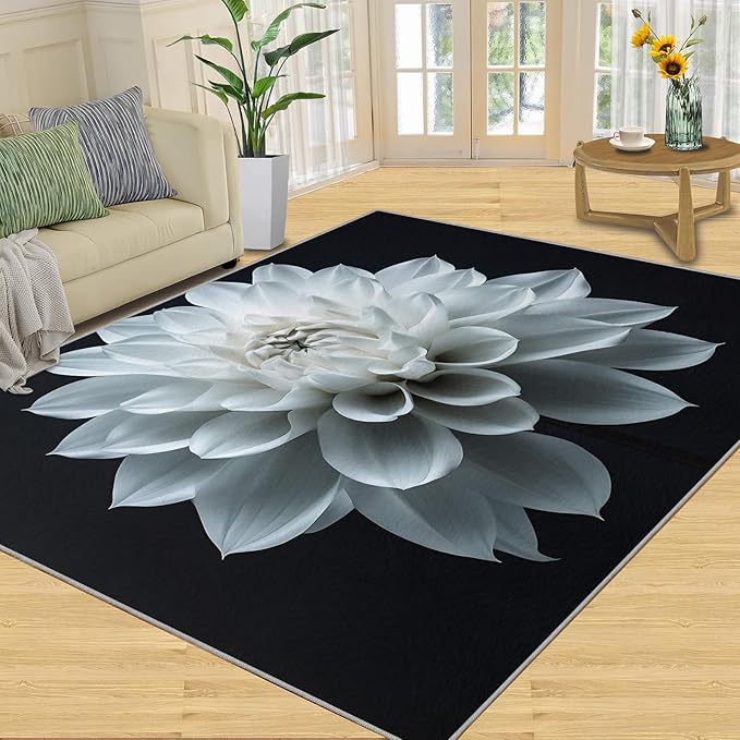 Petals Washable Area Rugs 4x5 Non-Slip Dahlia Living Room Rug White Flower Soft for Carpet Low Pile Indoor Door Mat & Room Decor