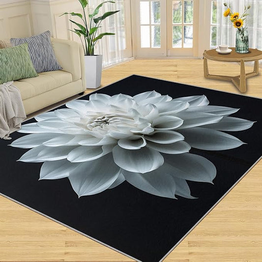 Petals Washable Area Rugs 3x5 Non-Slip Dahlia Living Room Rug White Flower Soft for Carpet Low Pile Indoor Door Mat & Room Decor