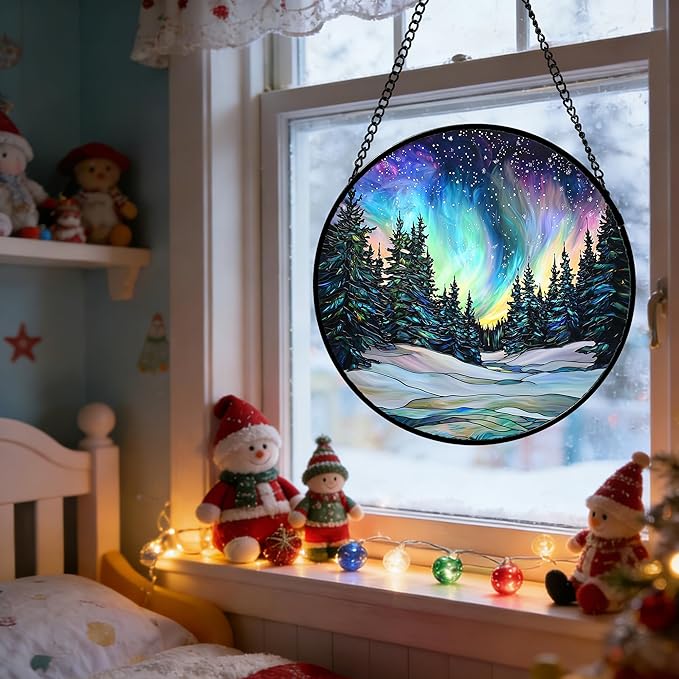 DASTOLL Stained Glass Window Hanging, Aurora Landscape Sun Catchers Glass Panel Green Trees Suncatcher Decor for Birthday for Women, Men, Wife, Aunt, and Mom 7.8 in