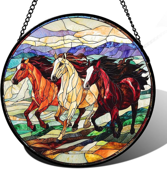 DASTOLL Stained Glass Window Hanging, Colorful Landscape Running Horse Suncatcher for Doors Window Home Sun Catchers Decoration Mother's Day Birthday Gifts for Women, Men, and Mom 7.8x7.8 in