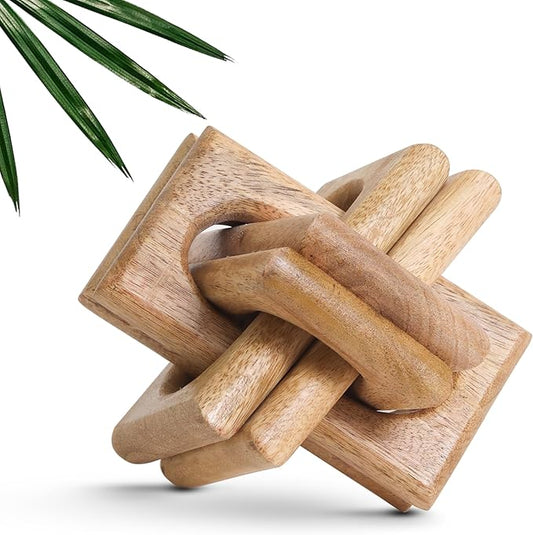 Boho Wooden Chain Links Decorative Object for Coffee Table & Shelf | Handmade Mango Wood Knot Sculpture Rustic Modern Arch Décor for Living Room, Entryway, Console, Office Home Accent (Natural)