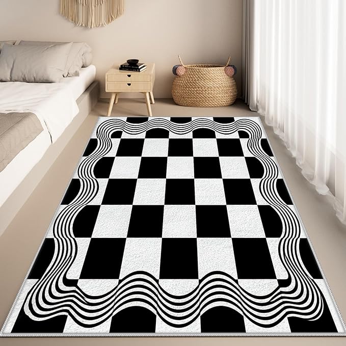 Checkered Area Rug, Checkerboard Rug 5x8, Geometric Plaid Washable Rugs, Modern Checkered Area Rugs, Wavy Line Carpet Non Slip for Bedroom Retro Home Decor Mat