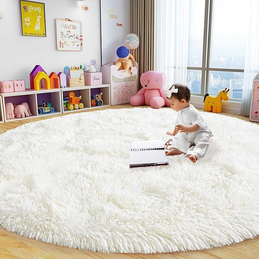 Round Fluffy Rugs 7Ft for Girls Bedroom, Cream White Shag Circle Kids Rug Non-Slip for Bedside Dorm Nursery Playroom, Soft Cute Area Rugs for Living Room Decor