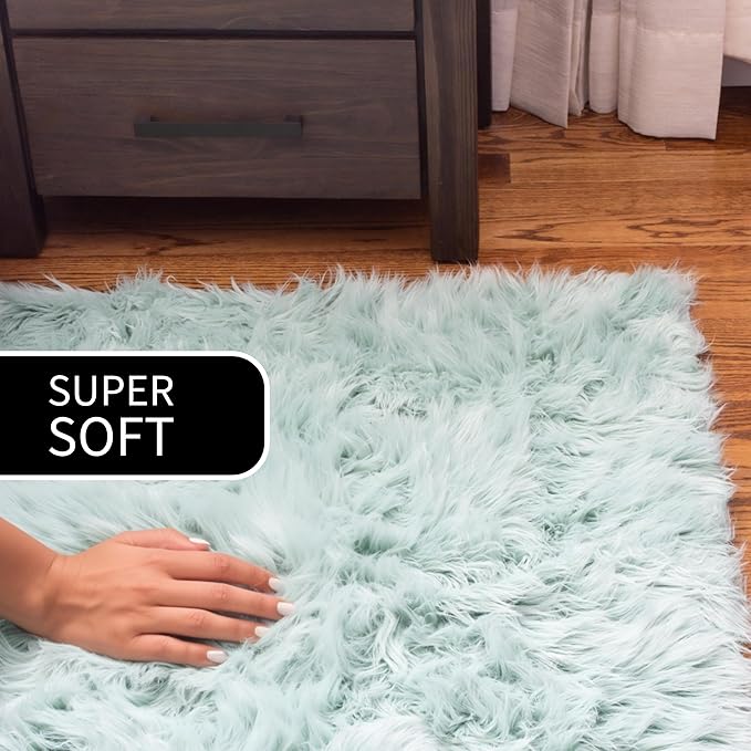 Super Area Rugs Ultra Soft & Fluffy Faux Sheepskin Rug, Teal 5 x 7 Feet Carpet for Bedroom Living Room