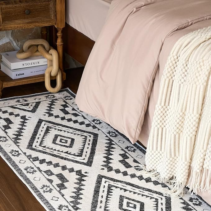 Moroccan Washable Runner Rug 2x6, Geometric Woven Area Rug, Farmhouse Boho Accent Rug Runner for Hallway, Non-Slip Soft Throw Mat for Bedroom Laundry Entryway, Black and White