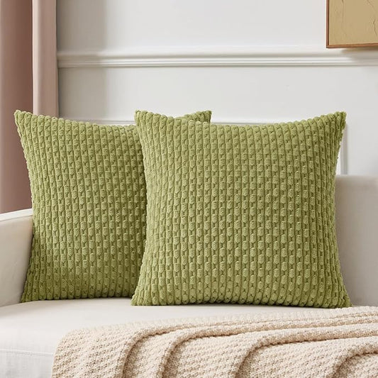 Kevin Textile Spring Decorative Pillow Covers Set of 2 Striped Plush Corduroy Pillows Pillowcases Boho Home Decor Cushion Covers for Couch Sofa Bed Living Room 18x18 Inch, Grass Green