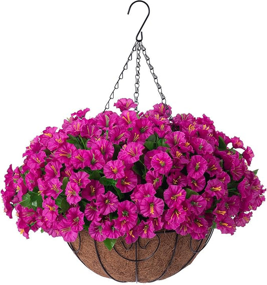 Homsunny Artificial Hanging Flowers Plants with Basket for Outdoors - Fake Petunias Flowers Fake Silk Morning Glory Planter for Outside Porch Patio Balcony Garden Spring Summer Decor(Purple red)