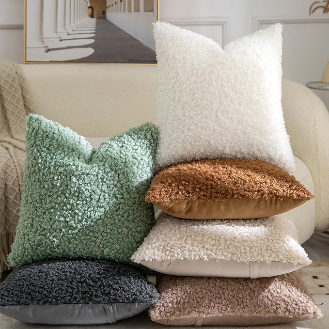 Yaertun Pack of 2 Faux Fur Throw Pillow Covers Decorative Sherpa Boucle Pillow Covers Fuzzy Soft Pillowcases Sheepskin Fleece Cushion Case for Couch Sofa Bed Living Room 22x22 Inch Sage Green