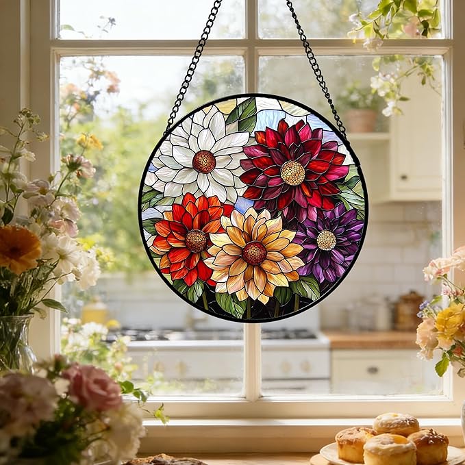 Stained Glass Window Hanging, Colorful Flowers Sun Catcher for Window Door Home Decor Plant Suncatcher Christmas Mother's Day Birthday Gifts for Women Men Mom and Nana 11.8 in