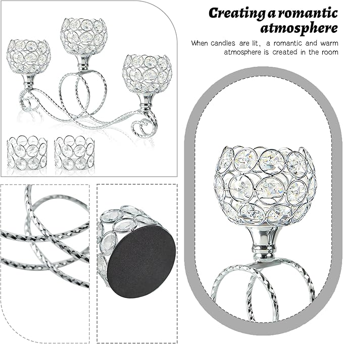 Silver 2 Pcs-3Arm Metal Crystal Tea Light Candle Holder, Elegant Wedding Table Centerpiece Candle Holder, Christmas Wishing Crystal Bowl Candle Holder Suitable for Wedding Party Living Room Decoration