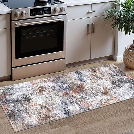 Modern Abstract Runner Rug 2x5, Grey Orange Multi Colorful Washable Kitchen Entryway Mat Non-Slip Soft Hallway Thin Print Faux Wool Carpet for Bedroom Laundry Room Indoor