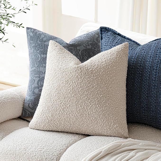 Foindtower Textured Boucle Throw Pillow Covers Accent Solid Pillow Cases Cozy Soft Decorative Couch Cushion Case for Chair Sofa Bedroom Living Room Home Decor, 18 x 18 Inch,Light Beige